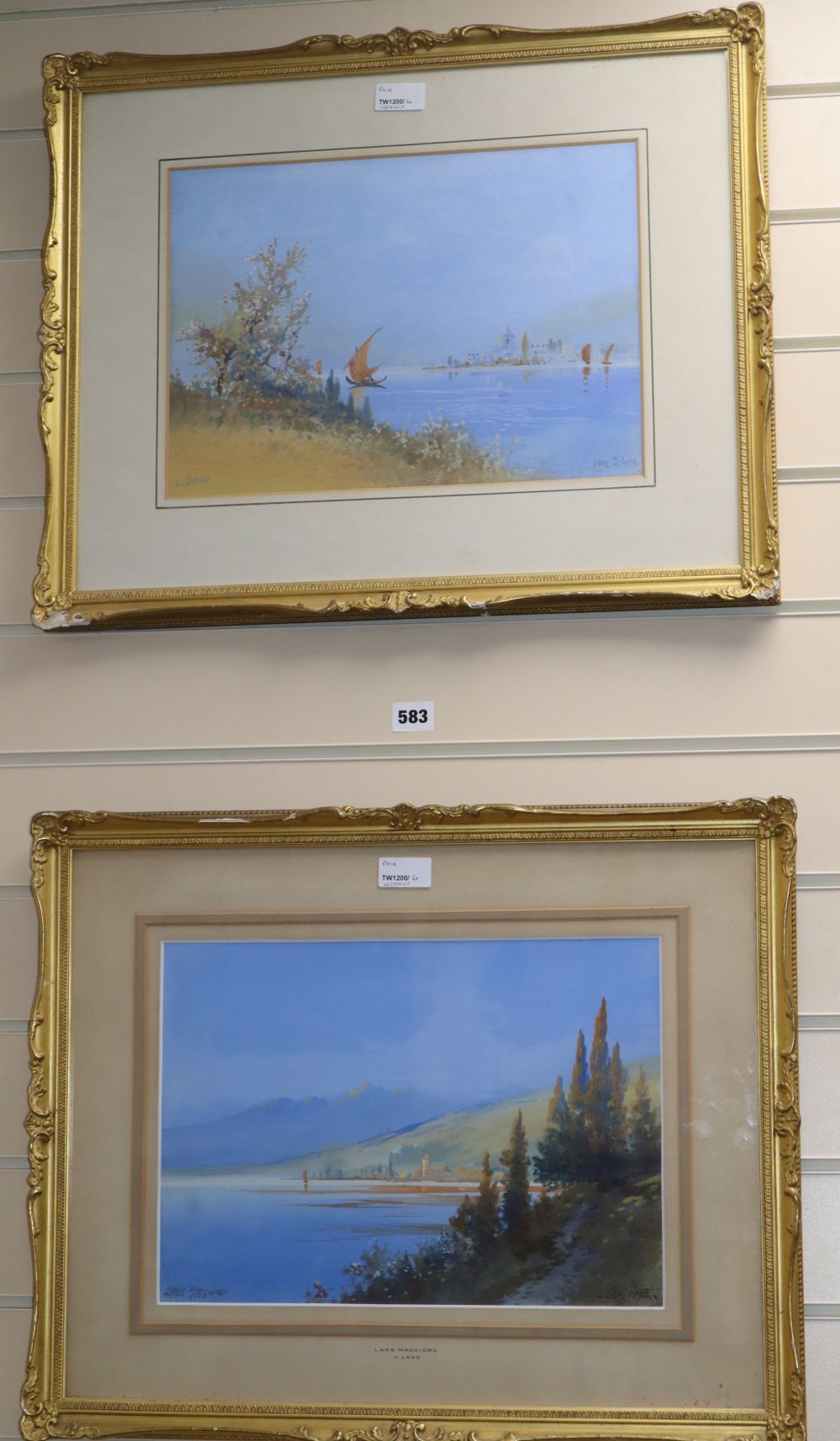 J* Lang (20th century), pair gouache, Lake Maggiore. signed and inscribed, 25 x 36cm